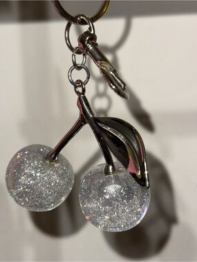 Silver Cherry Pendant Keychain with Sparkling Clear Orbs
